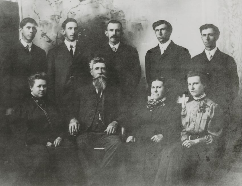 The Henry Brandenburg Bennett family: Vermont, Goldsby Alaska, Dakota, Arizona, Delaware. Seated: Nevada, Henry Brandenburg Bennett, Sarah (Milligan), Minnesota.