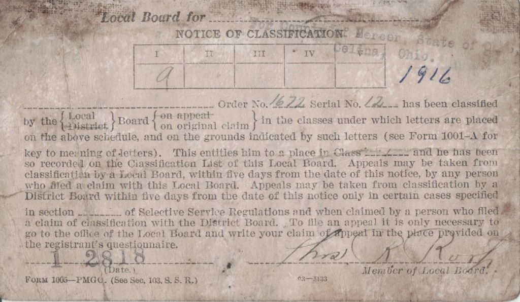Draft Classification Carl F. Miller WWI Draft Classification – Karen’s Chatt