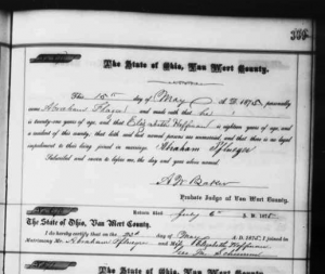 Abraham Pflueger & Elizabeth Hoffman marriage, 1875, Fan Wert County, Ohio. 