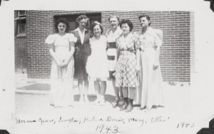 The gals, Willshire High School Class of 1943. Norma Jean Carr, Twyla Pifer, Helen Schumm, Doris Painter, Mary Daily, Ellen Schumm. (Dorothy Jean Leininger not shown.)