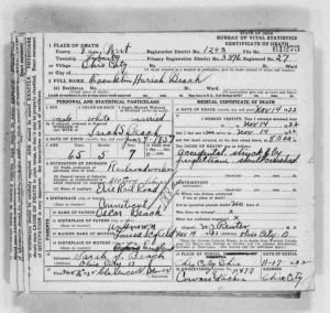 Franklin H. Beach, Ohio death certificate, 1922.