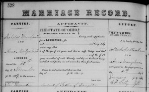 Auglaize County marriage record of Nicholas Hoehamer and Anna "Manzalman," 1870.
