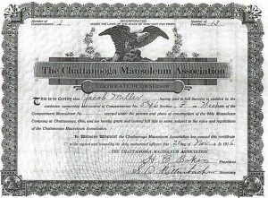 Chattanooga mausoleum Association Certificate of Ownership, Jacob Miller, 1916.