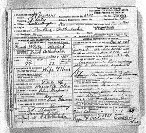 Pauline Bollenbacher's death certificate, FamilySearch.org.