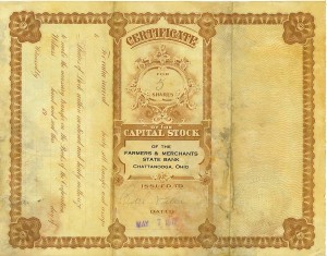 Five shares of Capital Stock of the Farmers & Merchants State Bank of Chattanooga, Ohio, issued to Carl Miller, dated 7 May 1917.