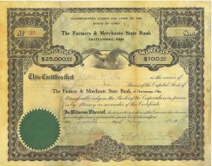 Carl Miller stock certificate, five shares of Farmers & Merchants State Bank of Chattanooga, Ohio, dated 7 May 1917.