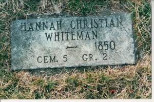 Hannah (Huey) Whiteman, Cheshire Cemetery, Delaware County, Ohio. (2002 photo by Karen)