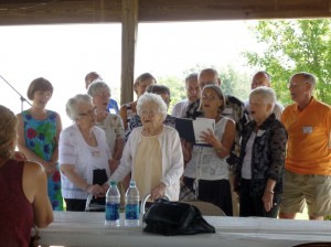 The Schumm Singers, with Velma, 100, conclude the reunion with song. (2014 photo by Karen)