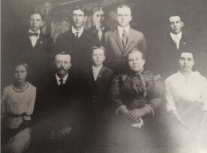 Fred Heffner family. Front: Marguerite, Fredrick, Vernon, Anna, Emma. Back: Roman, Rudolph, Herbert, Albert, Oscar.