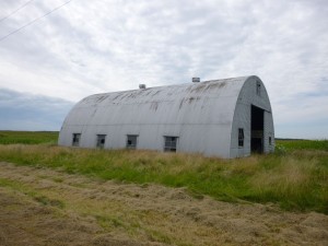 Quonset hut barn near intersection of Winkler & Wabash Roads, probably built about the same time as the McGough barn, possibly to replace a barn demolished by the 1948 tornado. (2015 photo by Karen)
