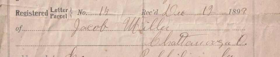 Registered Letter Receipt 1899, Chattanooga, Ohio, postmark.