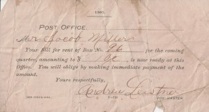 Jacob Miller's Chattanooga, Ohio, Post Office box rental receipt.