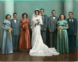 Wedding of Herb & Florence Miller, 1950. Kate Miller on the right in the green dress.