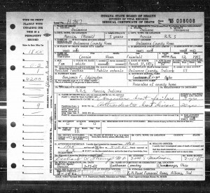 Carrie Wren Friedell, Indiana Death Certificate, Ancestry.com. 
