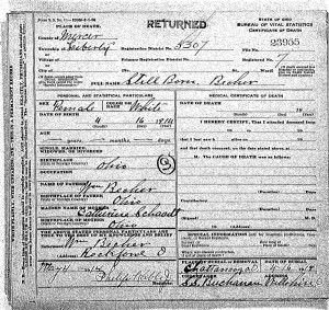 Death certificate of stillborn daughter of William & Katie Becher, 1914.