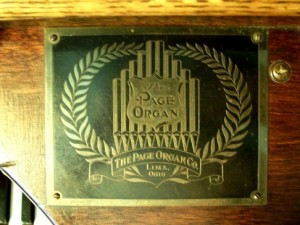 Page Organ Company name plate, Zion Lutheran Church, Chattanooga, Ohio. 