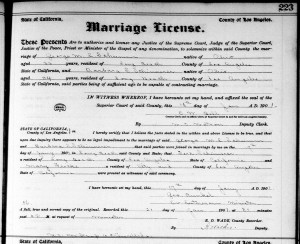 Marriage license & return, George Schumm & Barbara Schinnerer, Long Beach, California, 1901.
