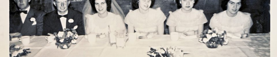 Krueckeberg-Schumm wedding, June 1951. Herb Miller, Al Krueckeberg, Esther (Schumm), Florence (Schumm) Miller, Phyllis (Gunsett) Dietrich, Amy (Schumm) Boenker.