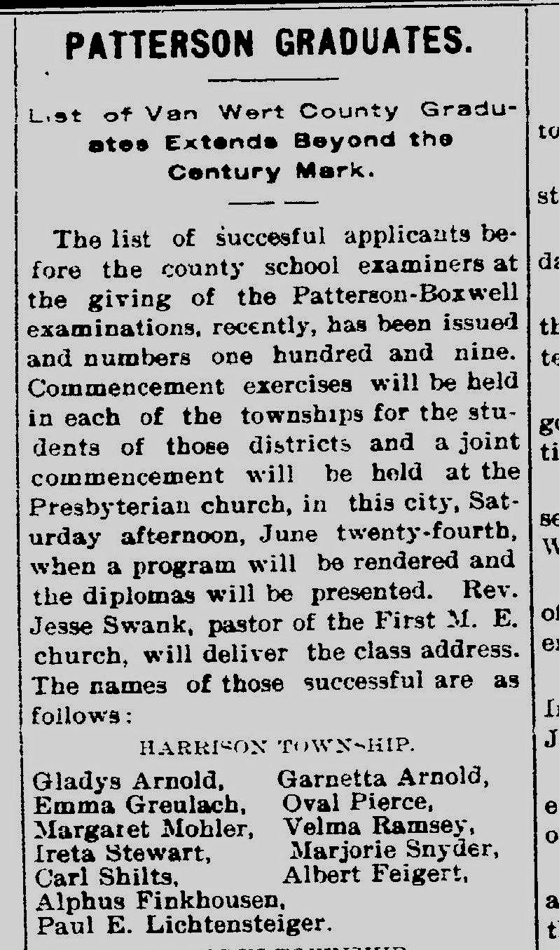1911 Patterson Exams in Mercer and Van Wert Counties Karen’s Chatt