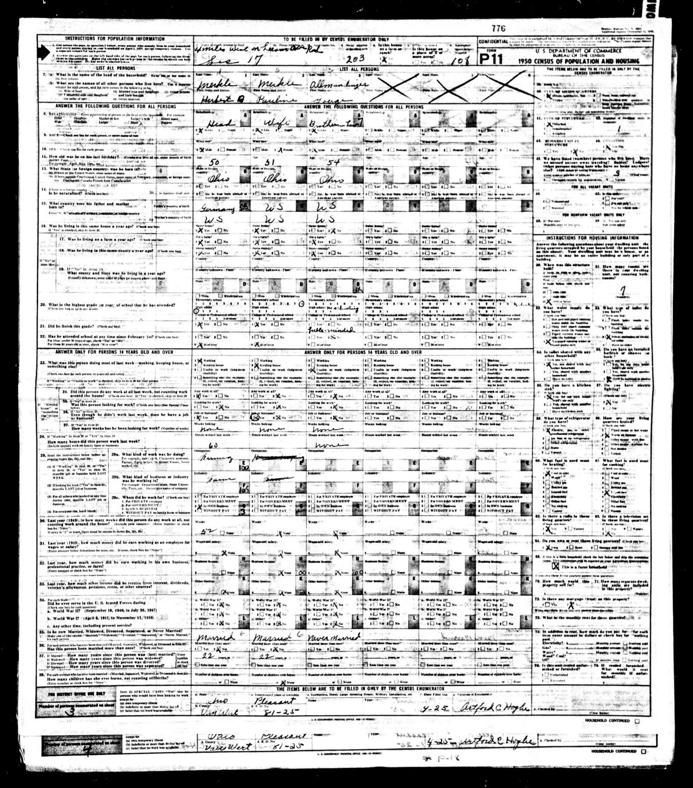 Mod Form 1950 1950 Census Test Form P11, Pleasant Township, Van Wert County – Karen’s ...